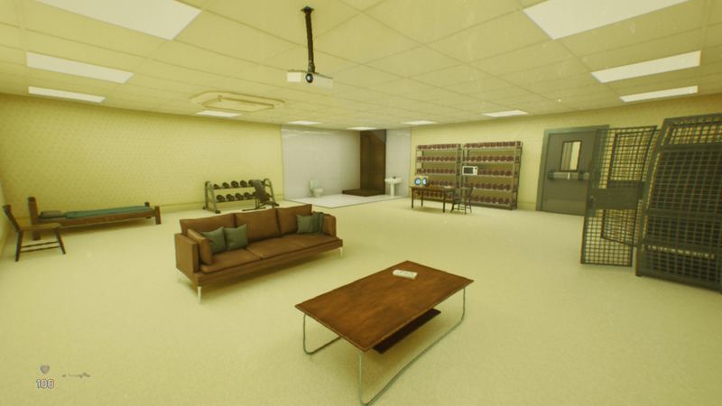 Security camera view of a custodian's quarters in the backrooms: a bed, a sofa, a weight rack and a caged door.